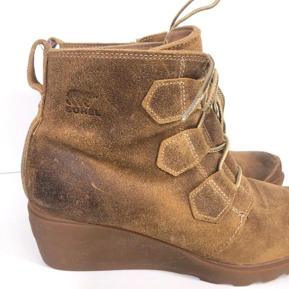 SOREL Toronto Brown Suede Lace Up Wedge Boots Booties Size 10.5 NL2115-286